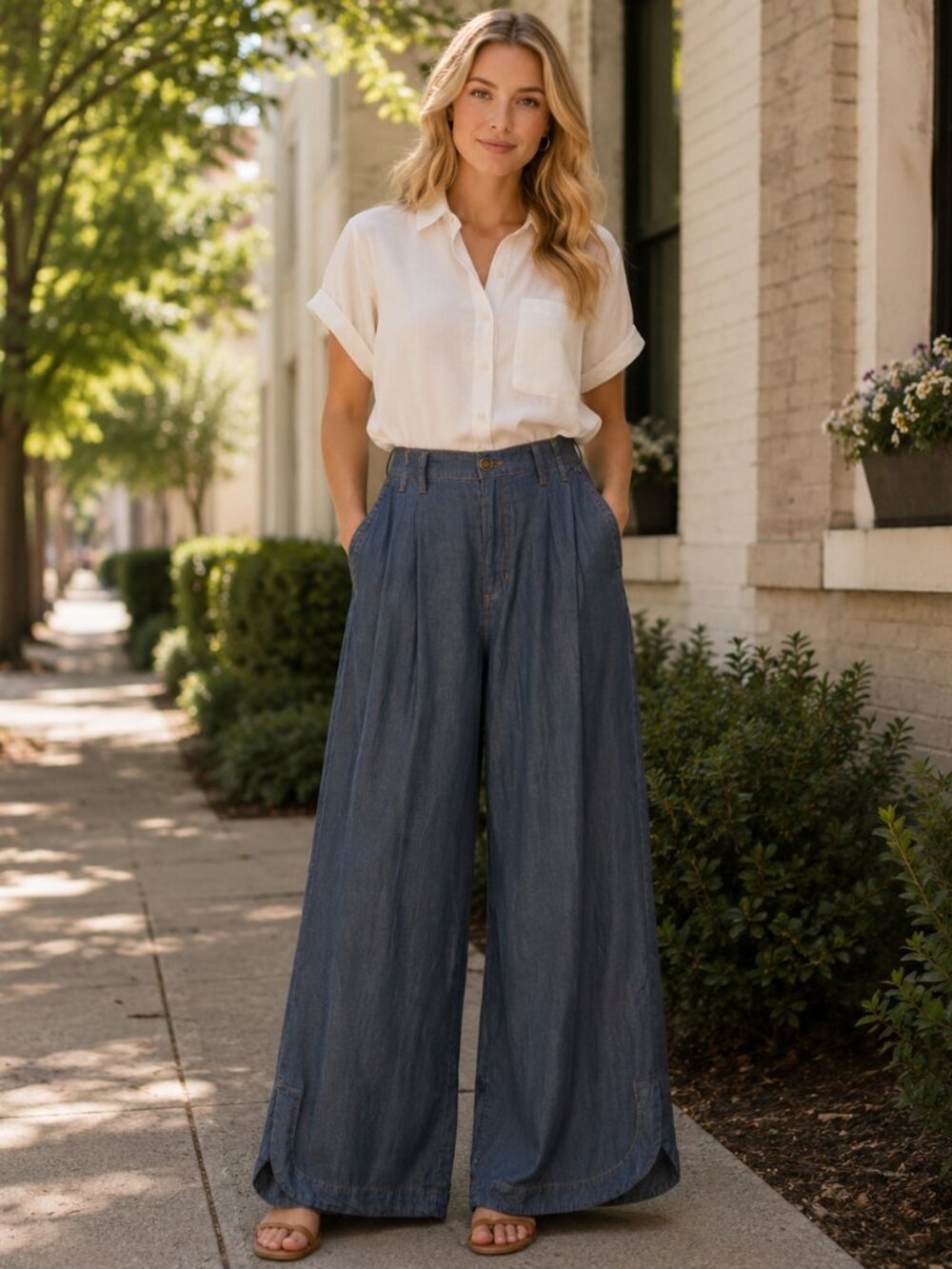 John Mark Wide-Leg Chambray Pants in Blue